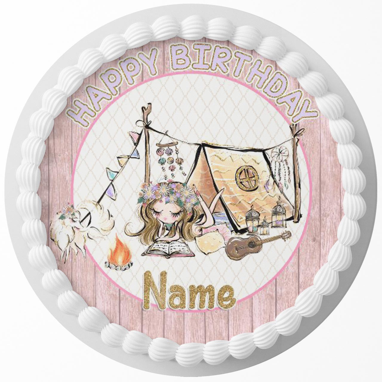 Boho Glamping Round – Icing Sheet Birthday - Personalized Edible Cake Topper | Custom Icing Sheet | Birthday Cake Decoration | Photo Cake Image