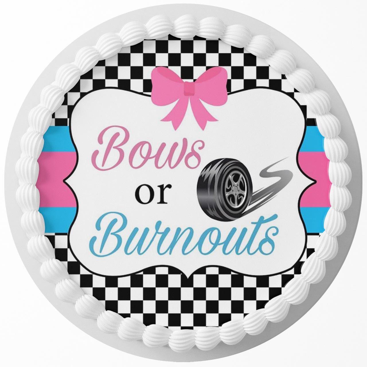 Bows or Burnouts Reveal Gender QRF Round – Icing Sheet Birthday - Personalized Edible Cake Topper | Custom Icing Sheet | Birthday Cake Decoration