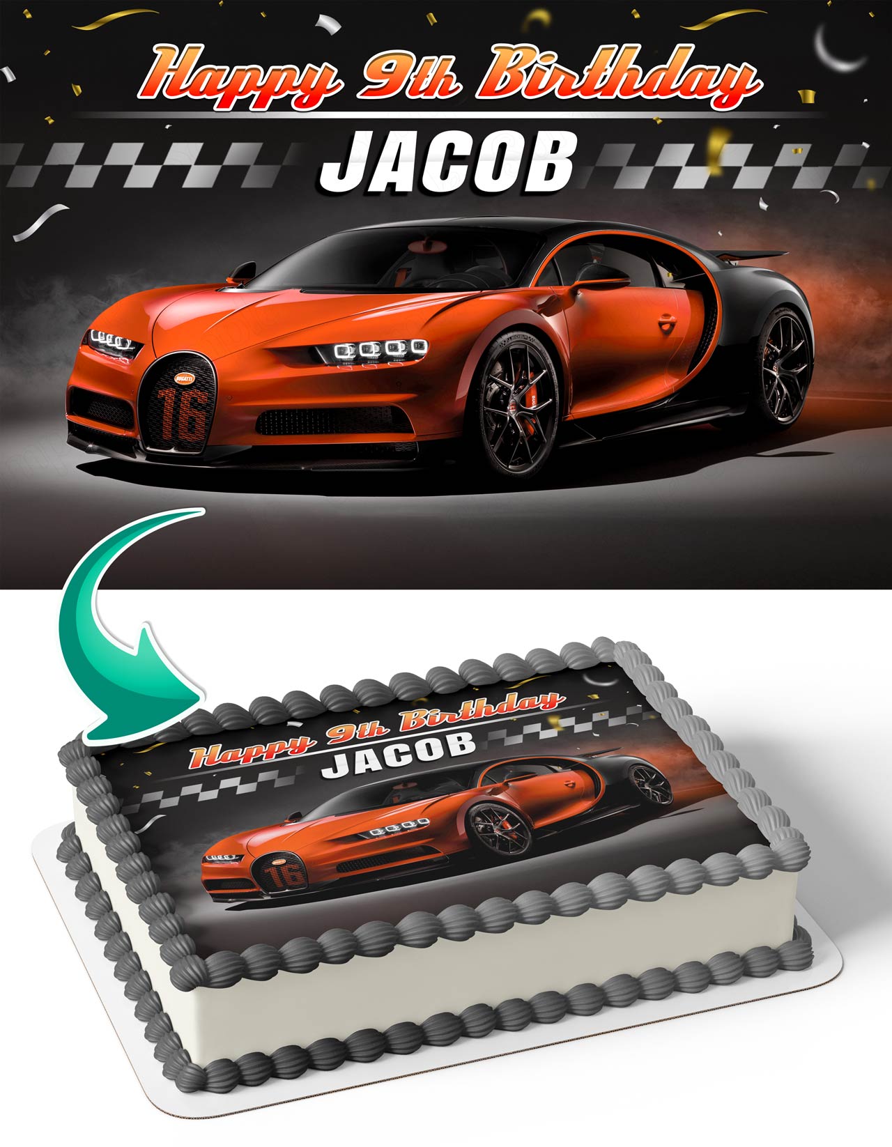 Bugatti Chiron Orange Black Supercar Edible Cake Topper