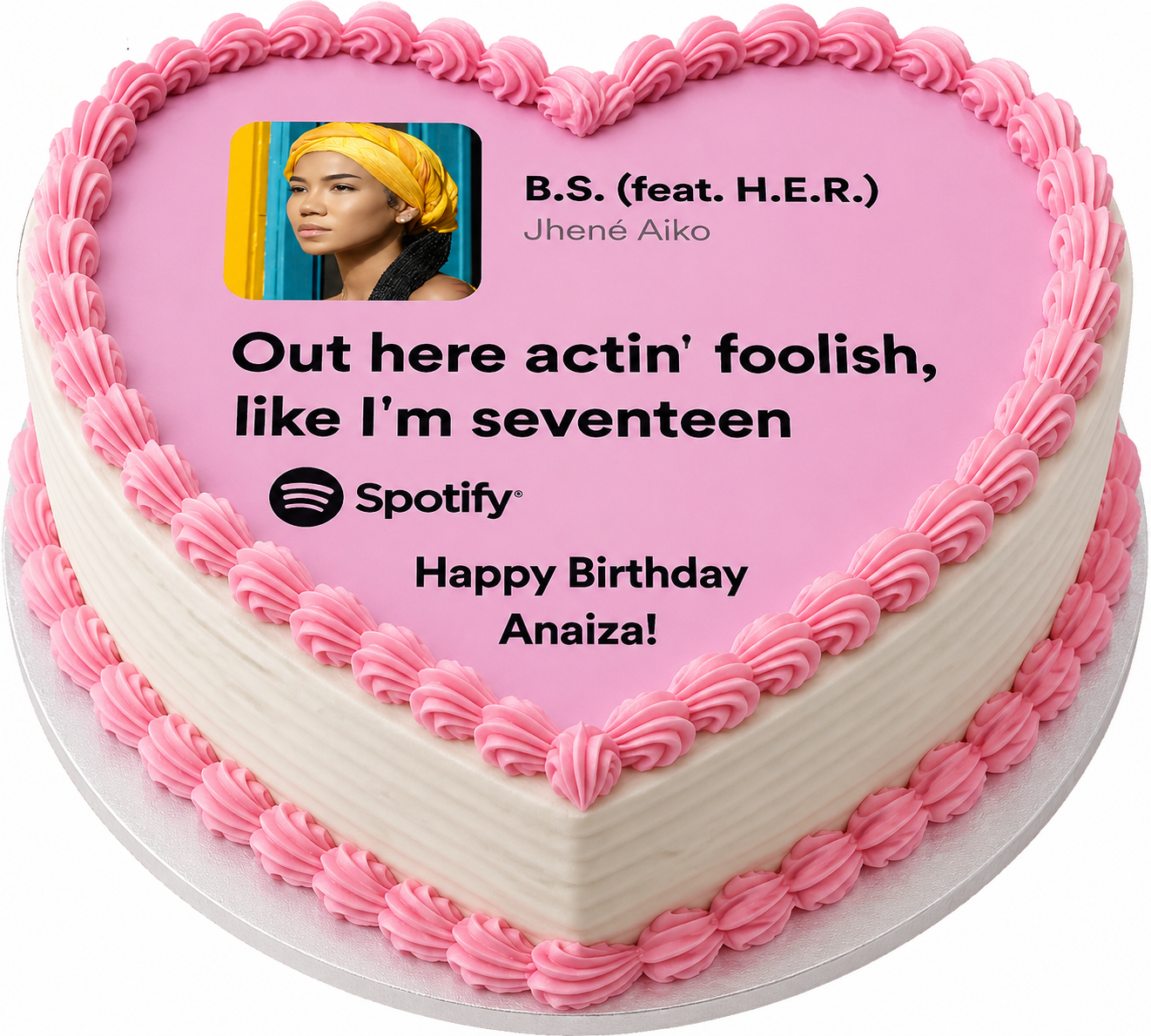 BS feat HER Jhene Aiko Seventeen Birthday Heart Shaped – Frosting - Personalized Edible Cake Topper | Custom Icing Sheet | Birthday Cake Decoration
