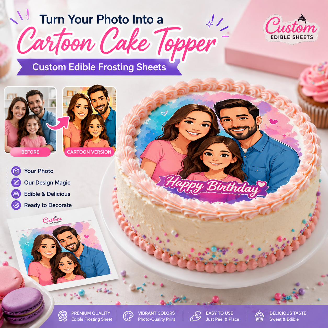 Cartoonize Me! – Icing Sheet - Personalized Edible Cake Topper | Custom Icing Sheet | Birthday Cake Decoration | Photo Cake Image
