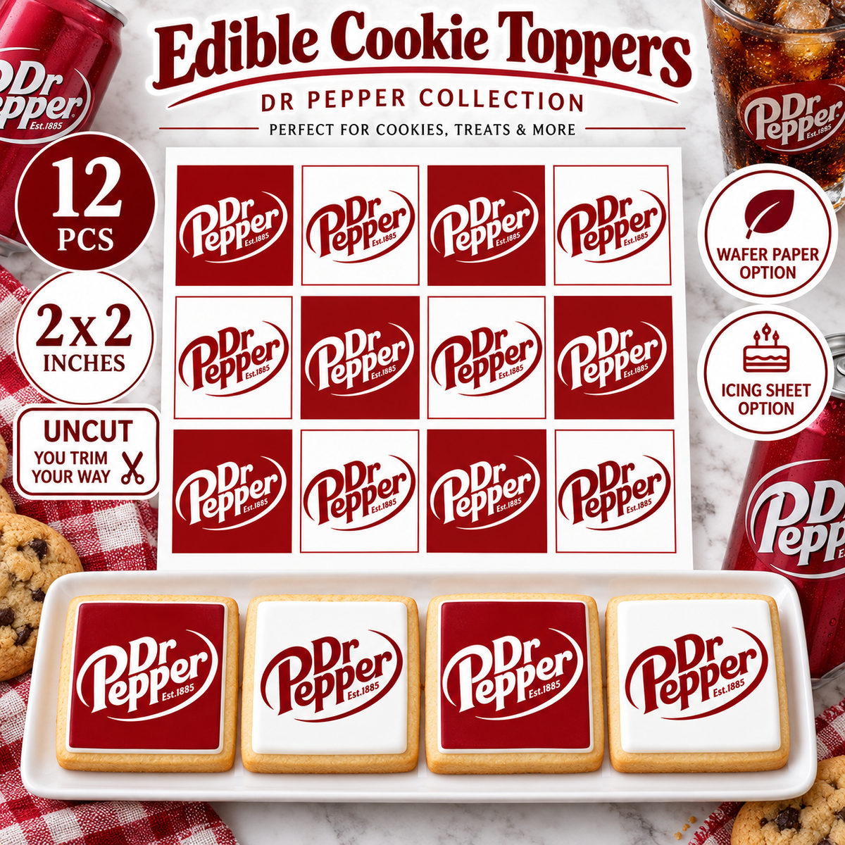 Dr Pepper Edible Cookie Toppers – Square Shape – Icing Sheet or Wafer Paper