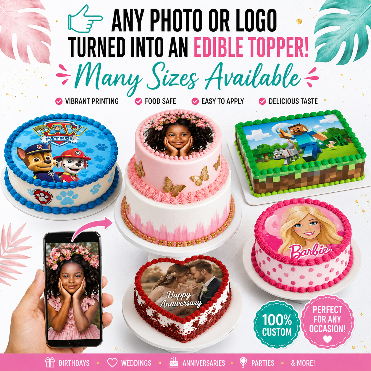 Custom Edible Image Cake Topper – Any Photo or Logo Personalized Edible Frosting Sheet
