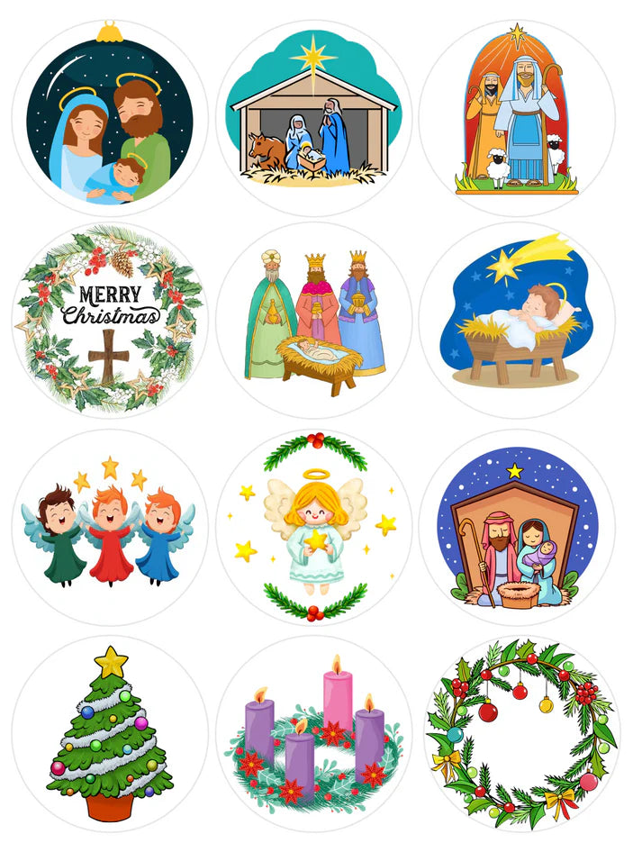 Christmas Nativity Scene Mix Edible Cupcake Toppers Icing Sheet or Wafer Paper