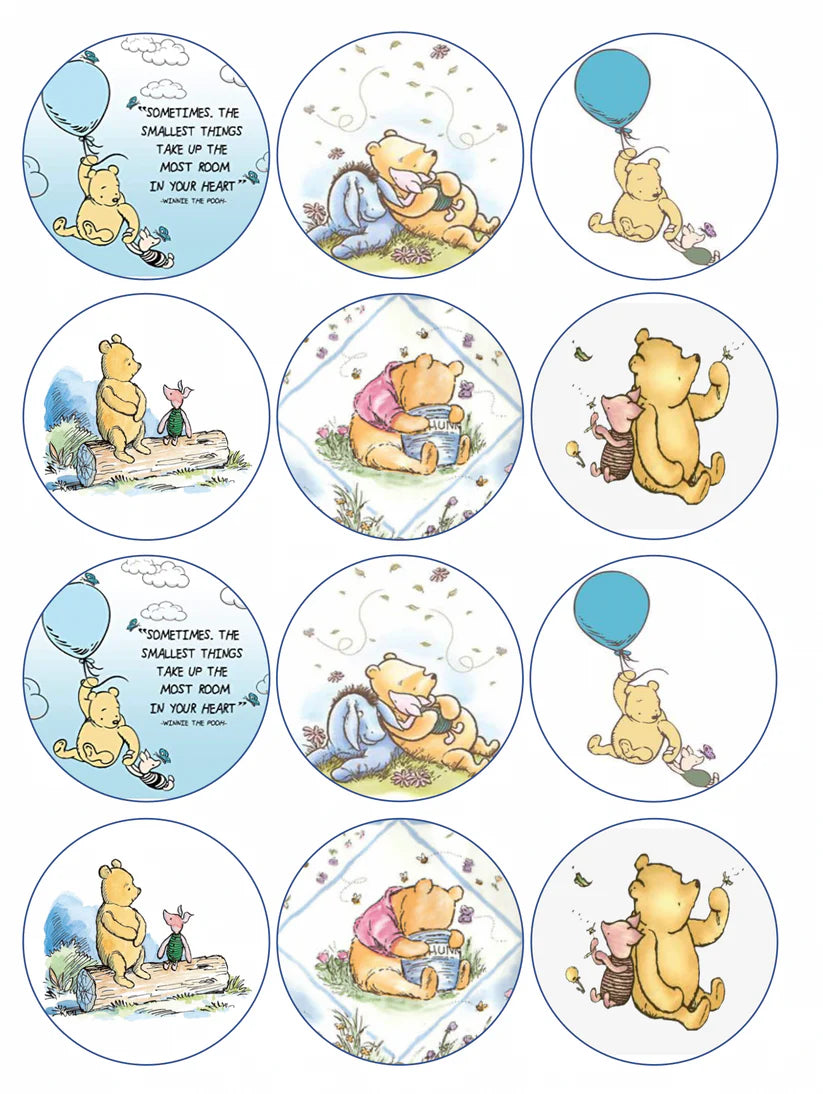 Classic Winnie the Pooh Blue Edible Cupcake Toppers Icing Sheet or Wafer Paper