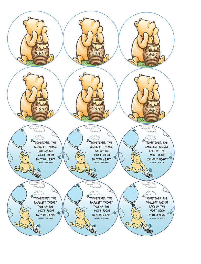 Classic Winnie the Pooh Hunny Pot and Balloon Mix Edible Cupcake Toppers Icing Sheet or Wafer Paper