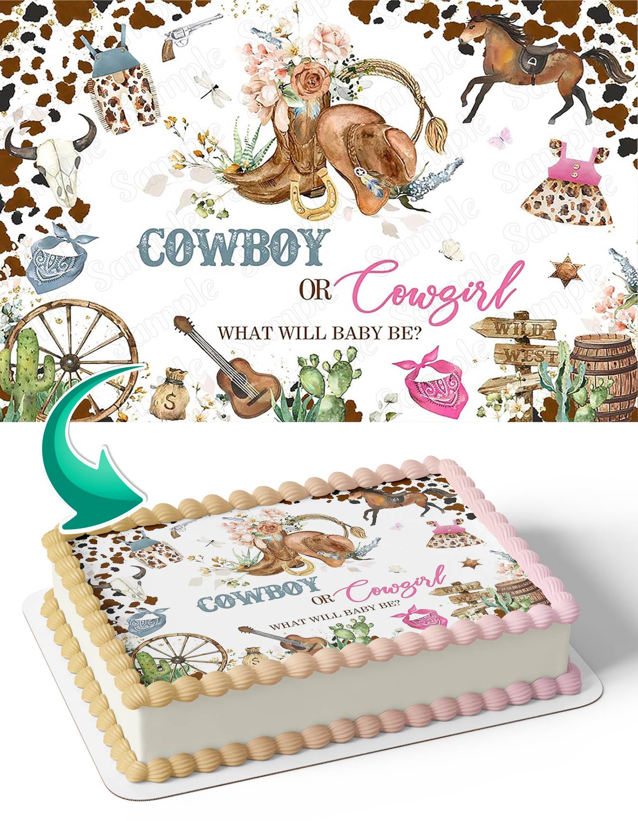 Cowboy or Cowgirl Baby Gender Reveal Shower What will Baby Be Edible Cake Topper