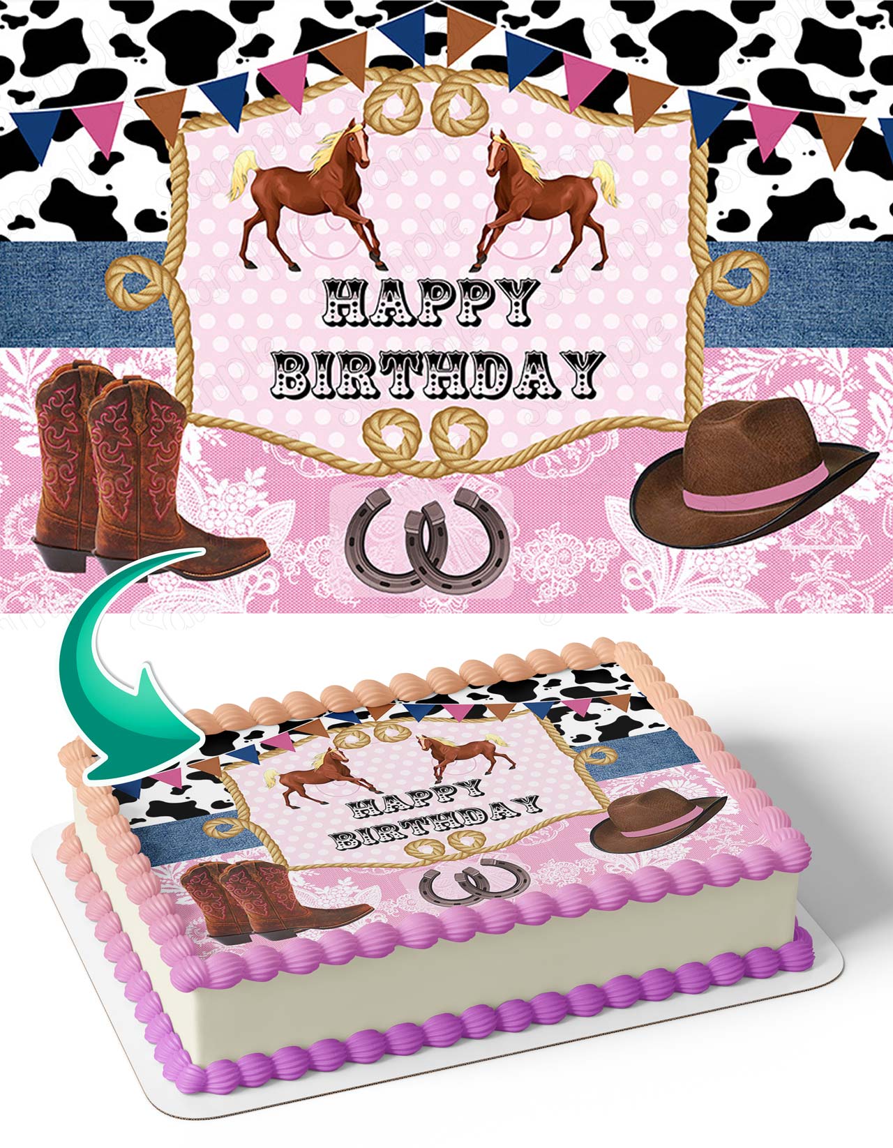 Cowgirl Black and White Pink West Cowgirl Cowboy Hat Riding Boots Horse CGH Edible Cake Topper