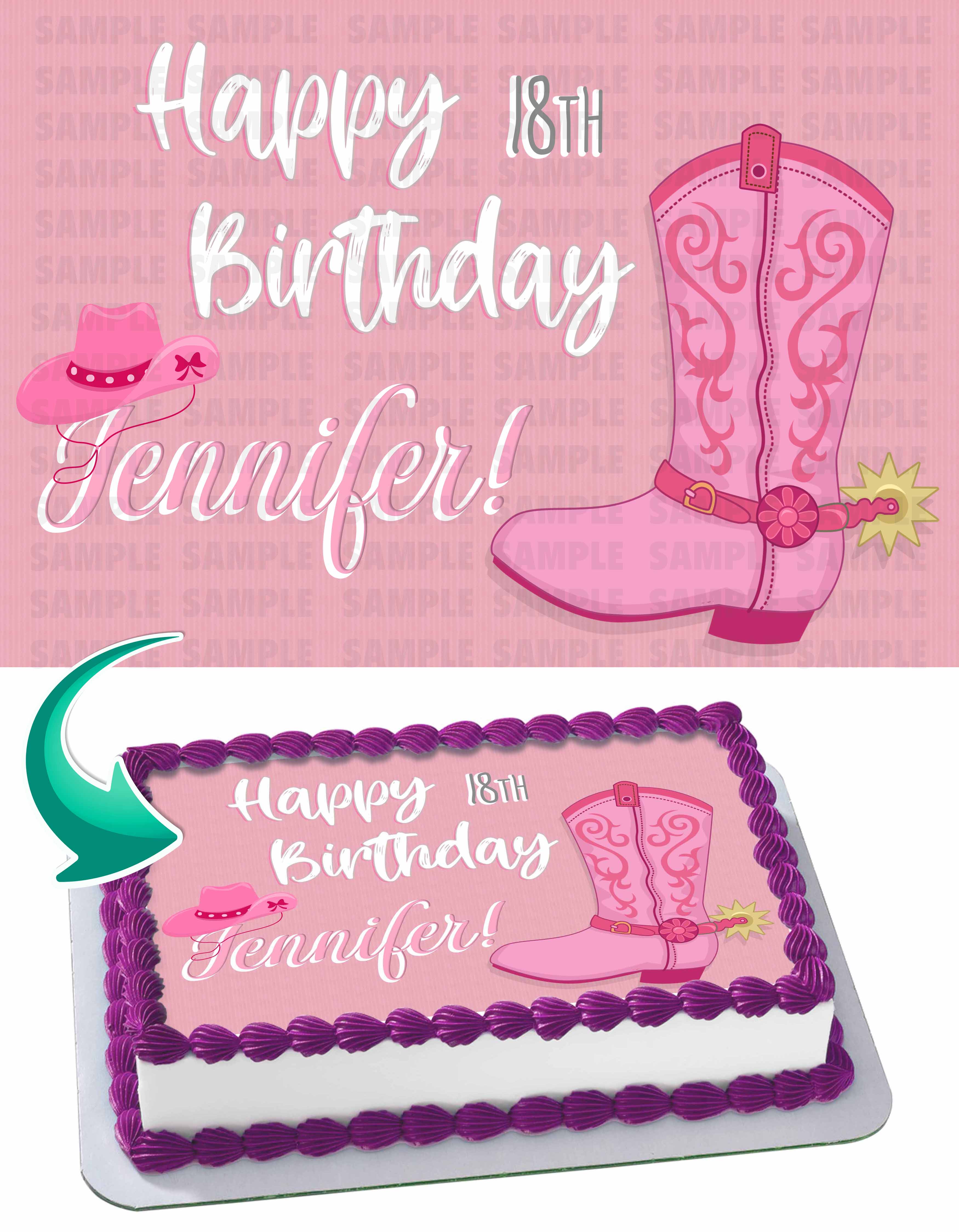 Cowgirl Boots Hat Pink Edible Cake Topper