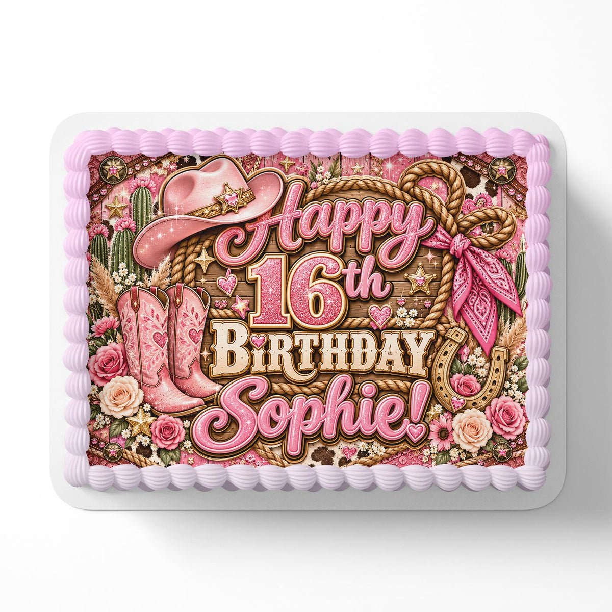 Pink Cowgirl Birthday Cake Topper – Glitter Western Cowboy Boots & Hat, Personalized Rodeo Birthday Party Decoration