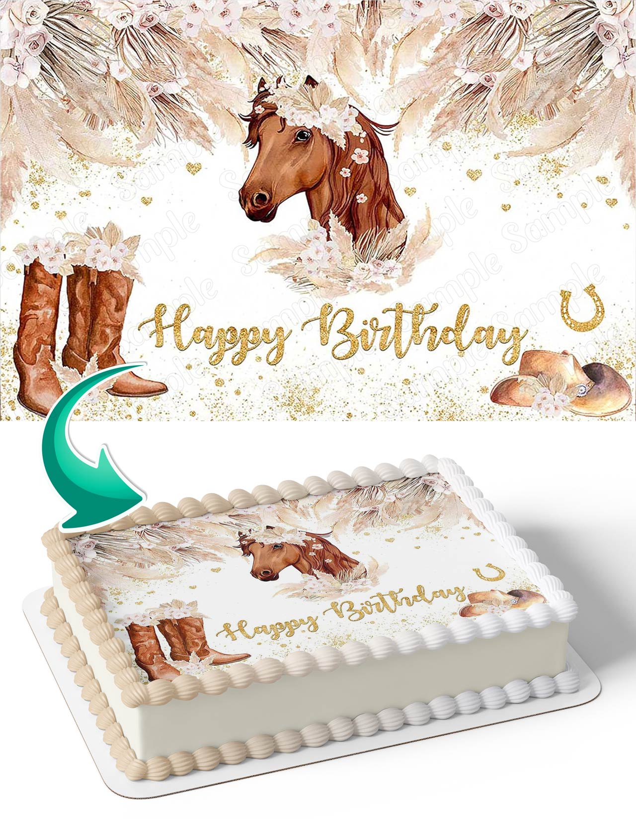 Cowgirl Boots Hat Pink Grass Horse Edible Cake Topper
