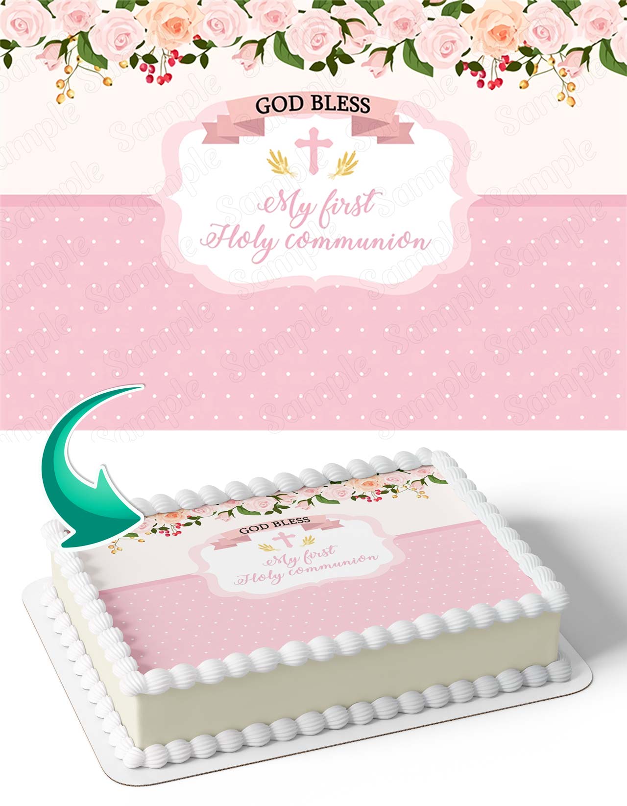Cross God Bless Pink Flowers First Holy Communion Baptism HCB Edible Cake Topper