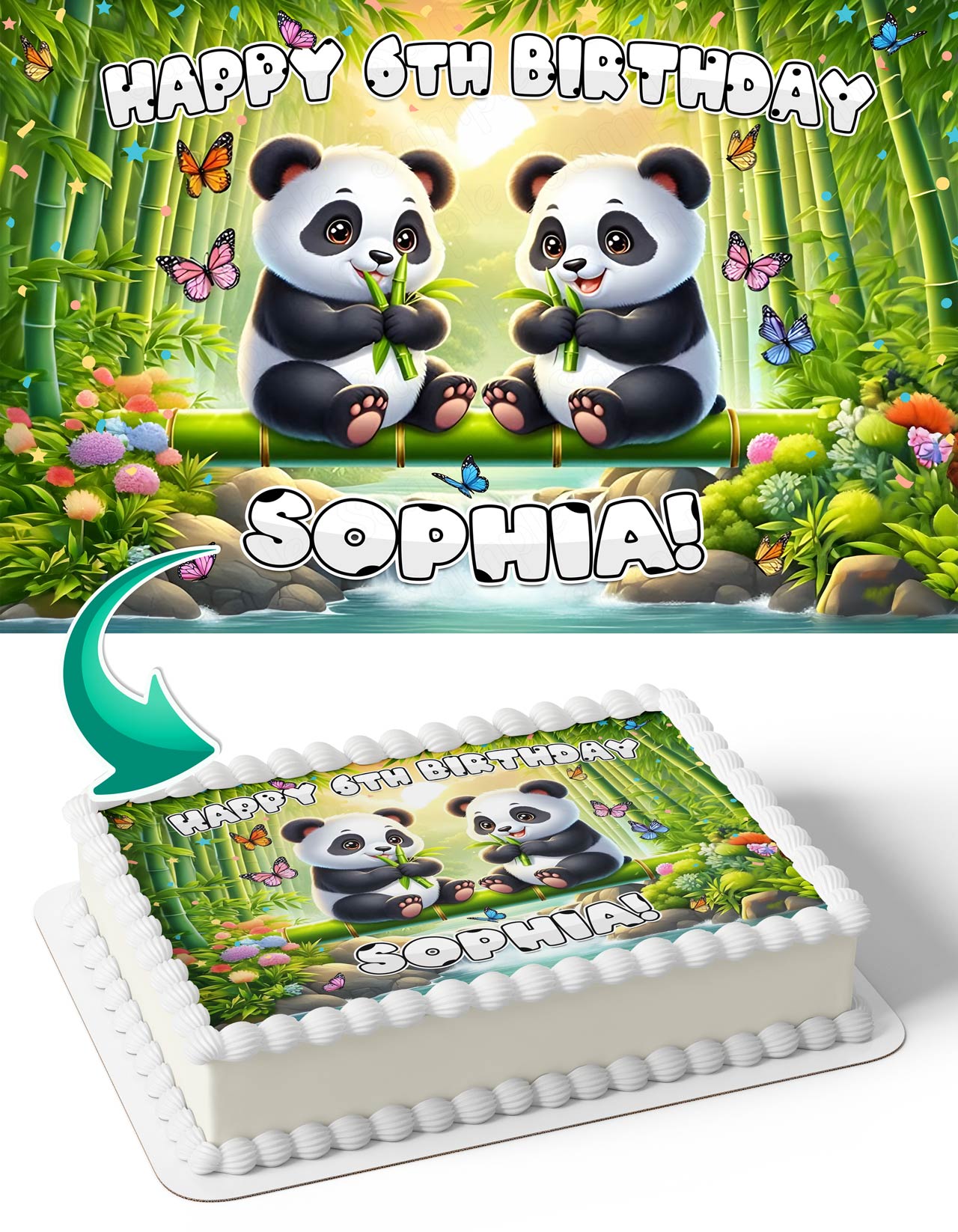 Cute Pandas In Bamboo Forest Edible Cake Topper