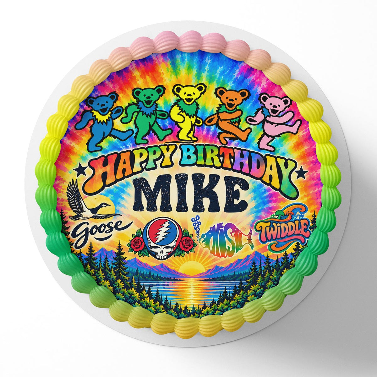Grateful Dead Rainbow Tie Dye Edible Cake Topper | Birthday Cake Decoration | Photo Cake Image