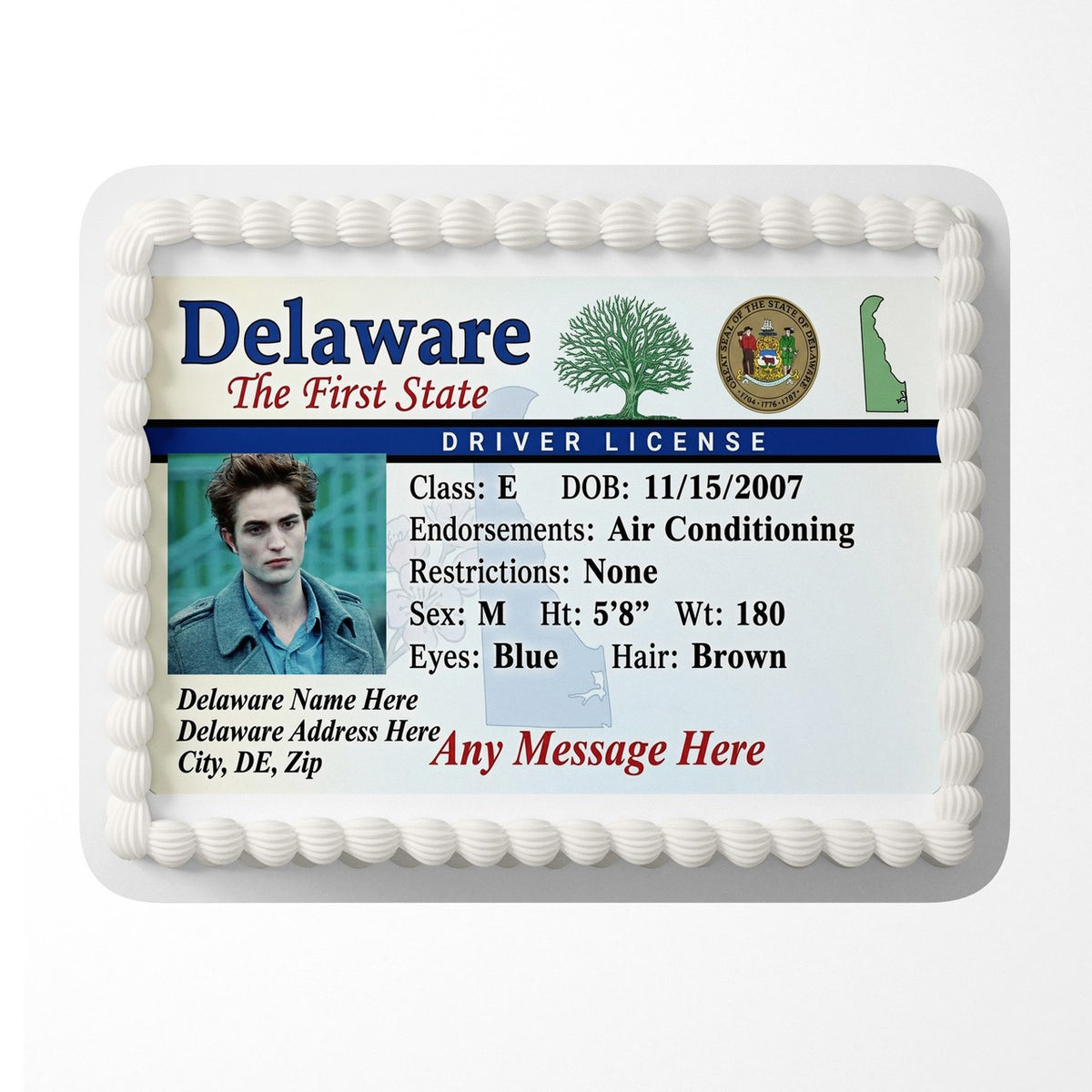 Delaware Driver License Edible Cake Topper – Custom Photo Birthday Icing Sheet