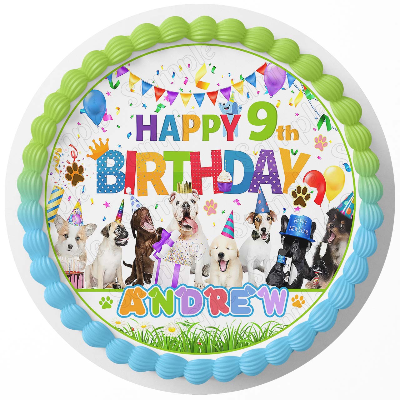 Dog Party Round – Icing Sheet Birthday - Personalized Edible Cake Topper | Custom Icing Sheet | Birthday Cake Decoration | Photo Cake Image