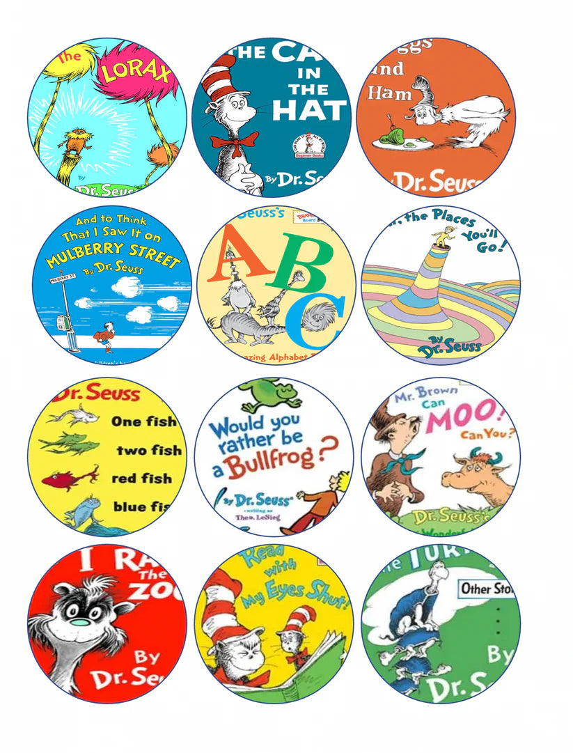 Dr Seuss Book Covers Edible Cupcake Toppers Icing Sheet or Wafer Paper