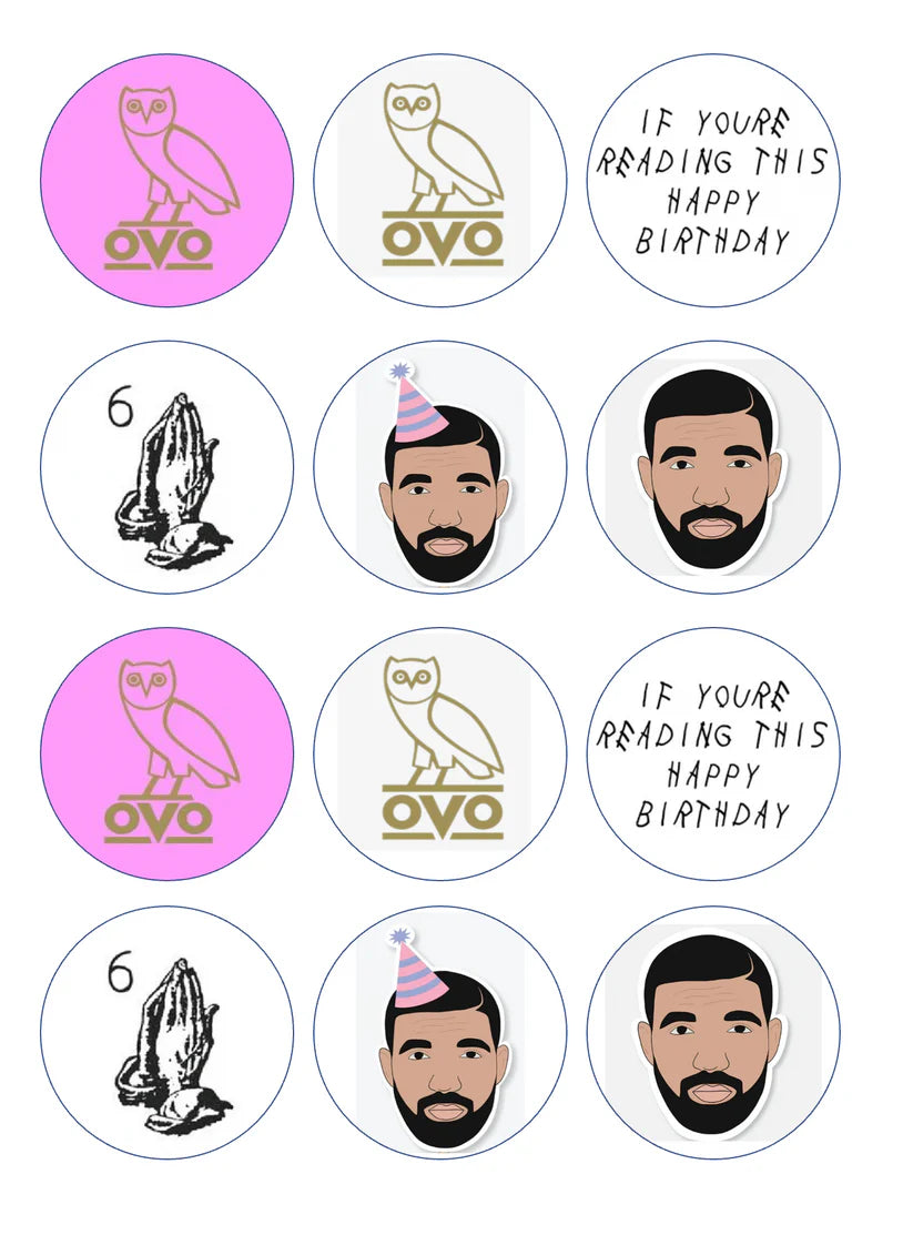 Drake Birthday OVO Owl Edible Cupcake Toppers Icing Sheet or Wafer Paper