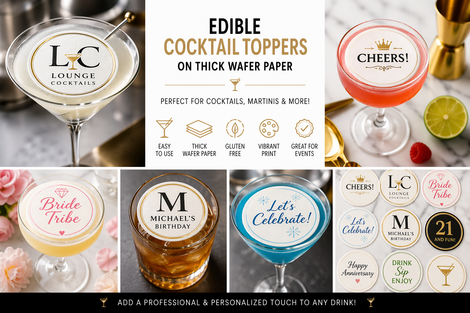 Edible Drink Toppers Logo Photo Wafer Paper Cocktail Martini Wedd - Edible Cake Topper | Icing Sheet | Birthday Cake Decoration