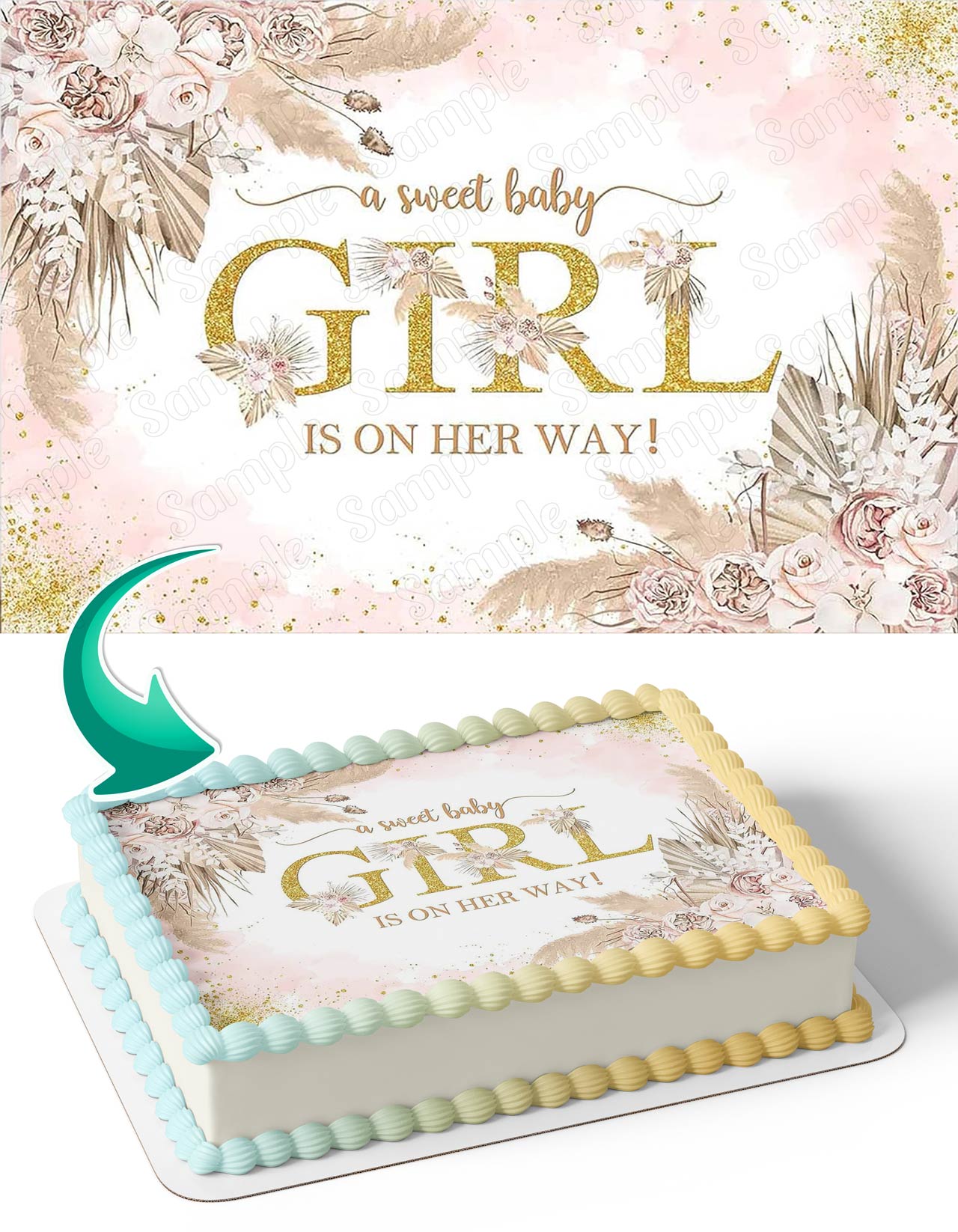 Dry Grass Floral Girl Baby Shower Edible Cake Topper