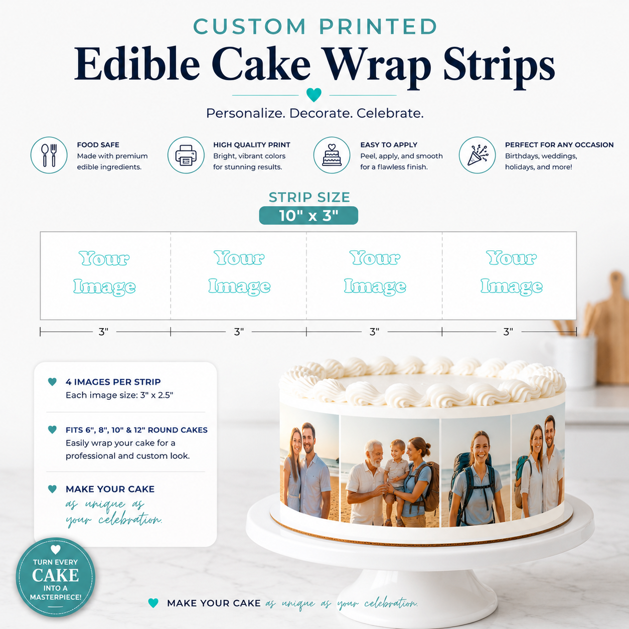 Custom Printed Edible Cake Wrap Strips | Photo Cake Wrap | Edible Cake Side Strips | Custom Icing Sheet Decoration