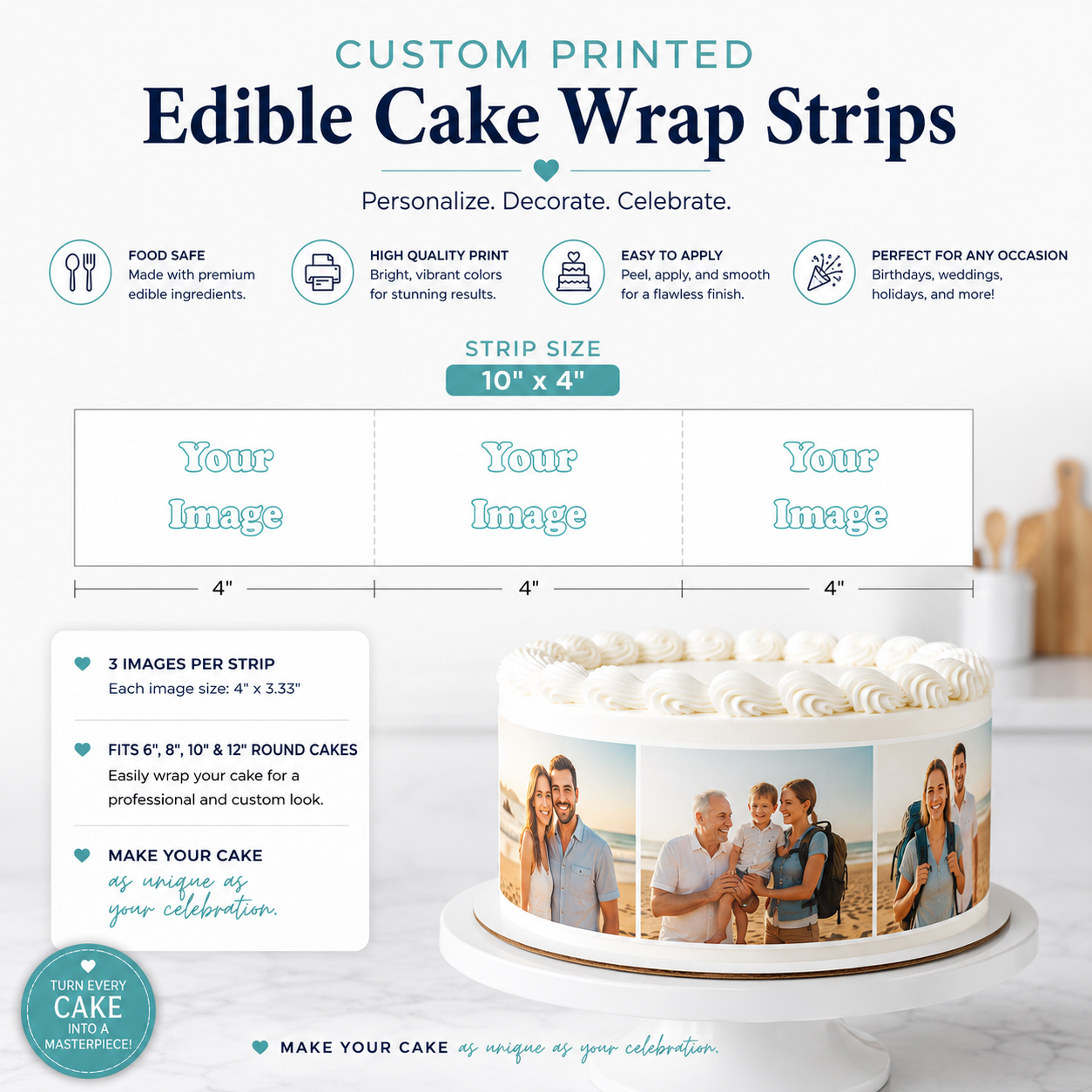 Custom Printed Edible Cake Wrap Strips | Photo Cake Wrap | Edible Cake Side Strips | Custom Icing Sheet Decoration