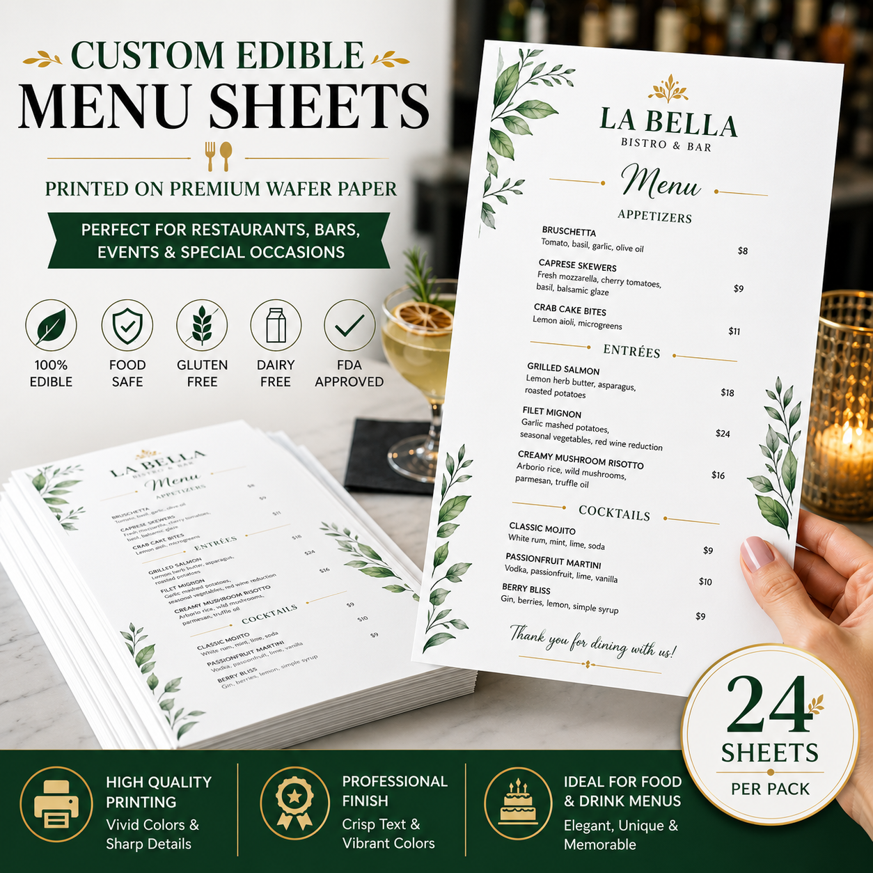 Custom Edible Restaurant & Bar Menu Sheets – Printed Wafer Paper Menus, Personalized Food & Drink Menu, Pack of 24