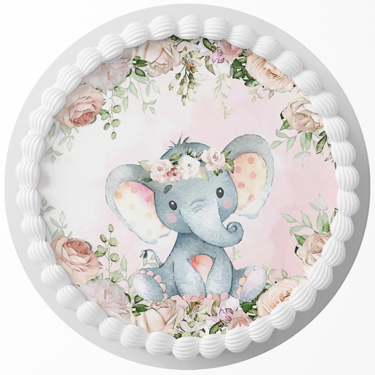 Elephant Cute Baby Shower Floral Round – Icing Sheet Birthday - Personalized Edible Cake Topper | Custom Icing Sheet | Birthday Cake Decoration