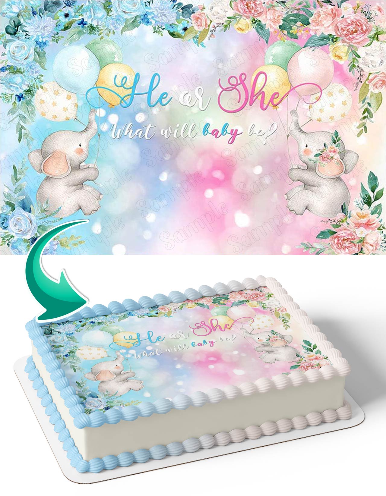 Elephant He or She Gender Reveal Edible Cake Topper