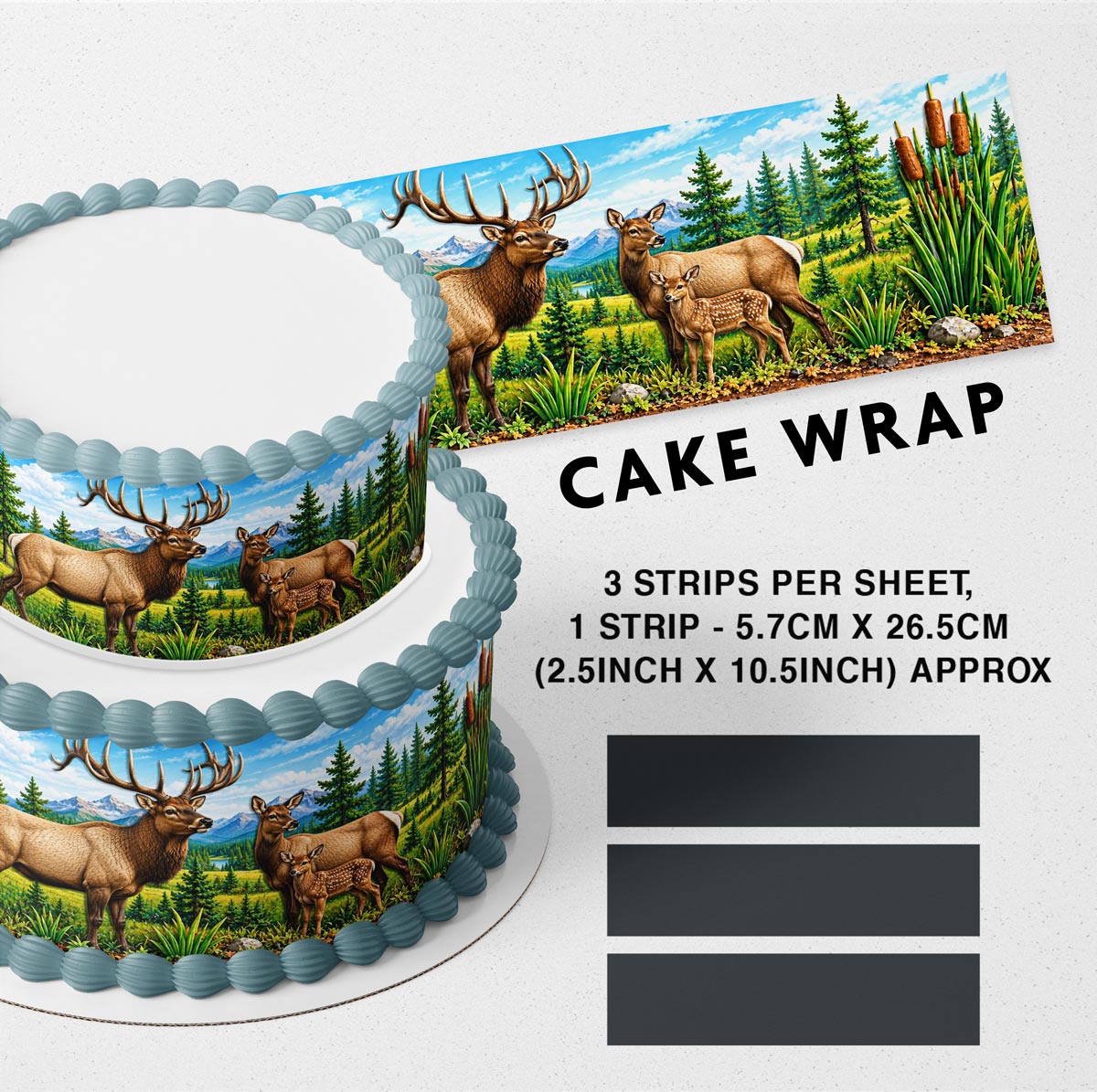 Elk Edible Cake Wrap – Hunting & Wildlife Cake Strips, Deer Cake Border Decoration, 3 Strips per Sheet
