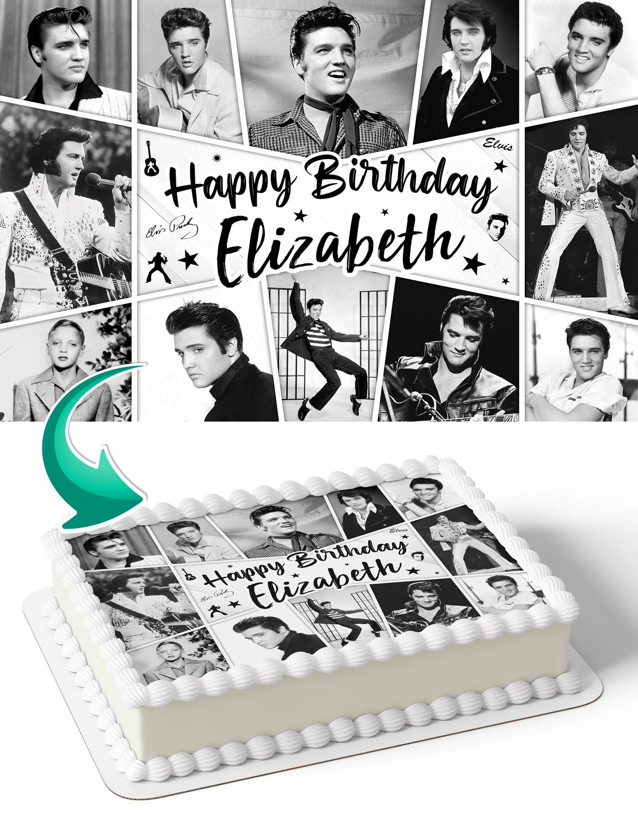 Elvis Presley King of Rock and Roll Collage BW Edible Cake Topper