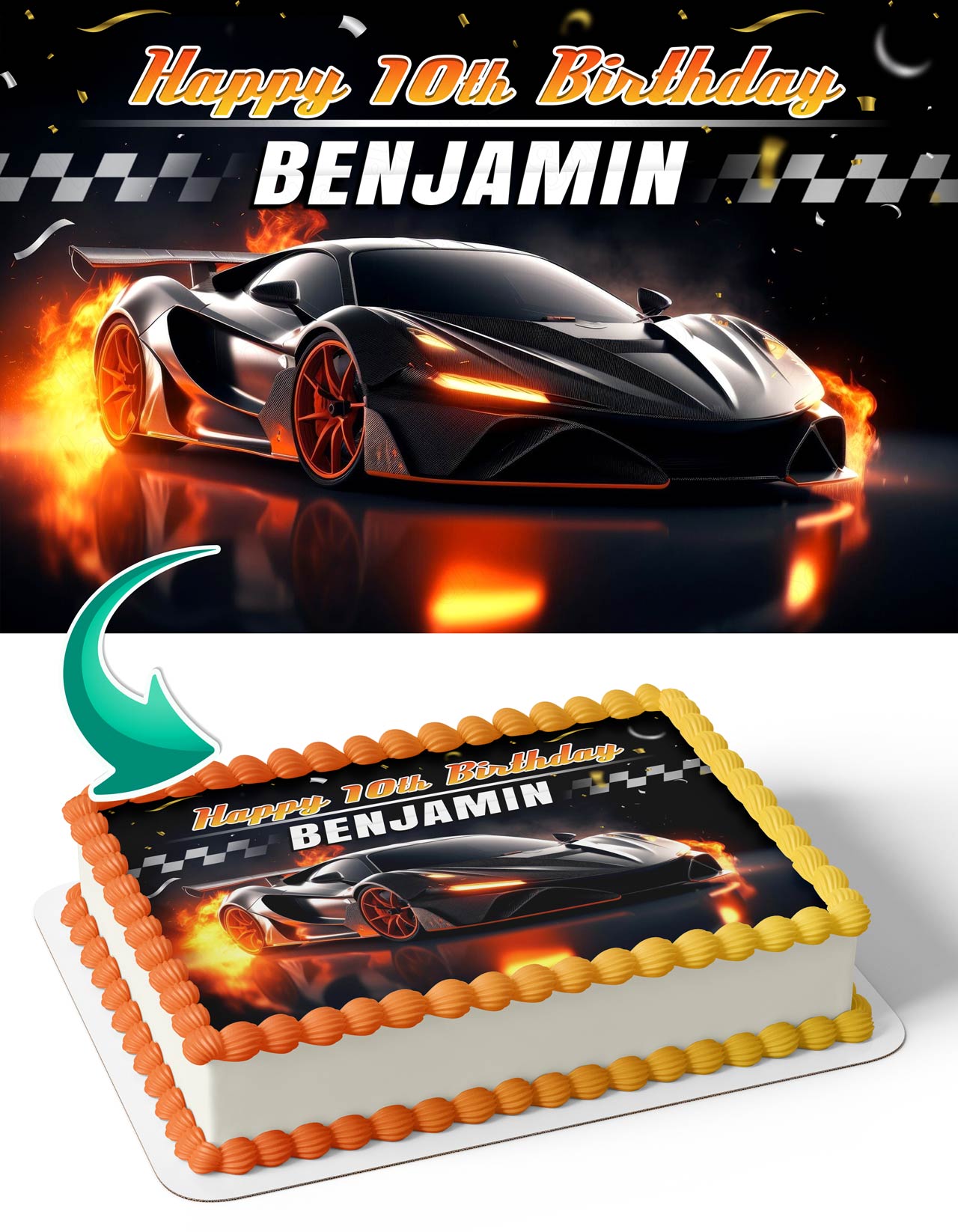 Ferrari Orange Black Supercar Edible Cake Topper