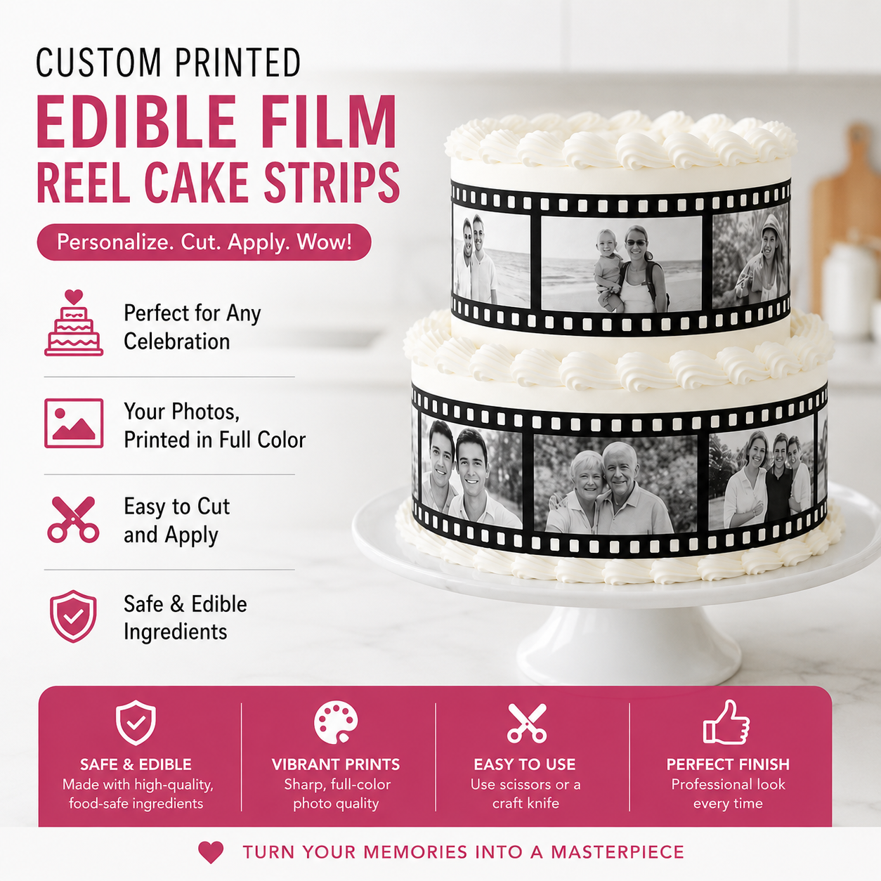 Custom Printed Edible Film Reel Cake Strips – Personalized Photo Cake Wrap Edible Image Topper for Birthday Cakes