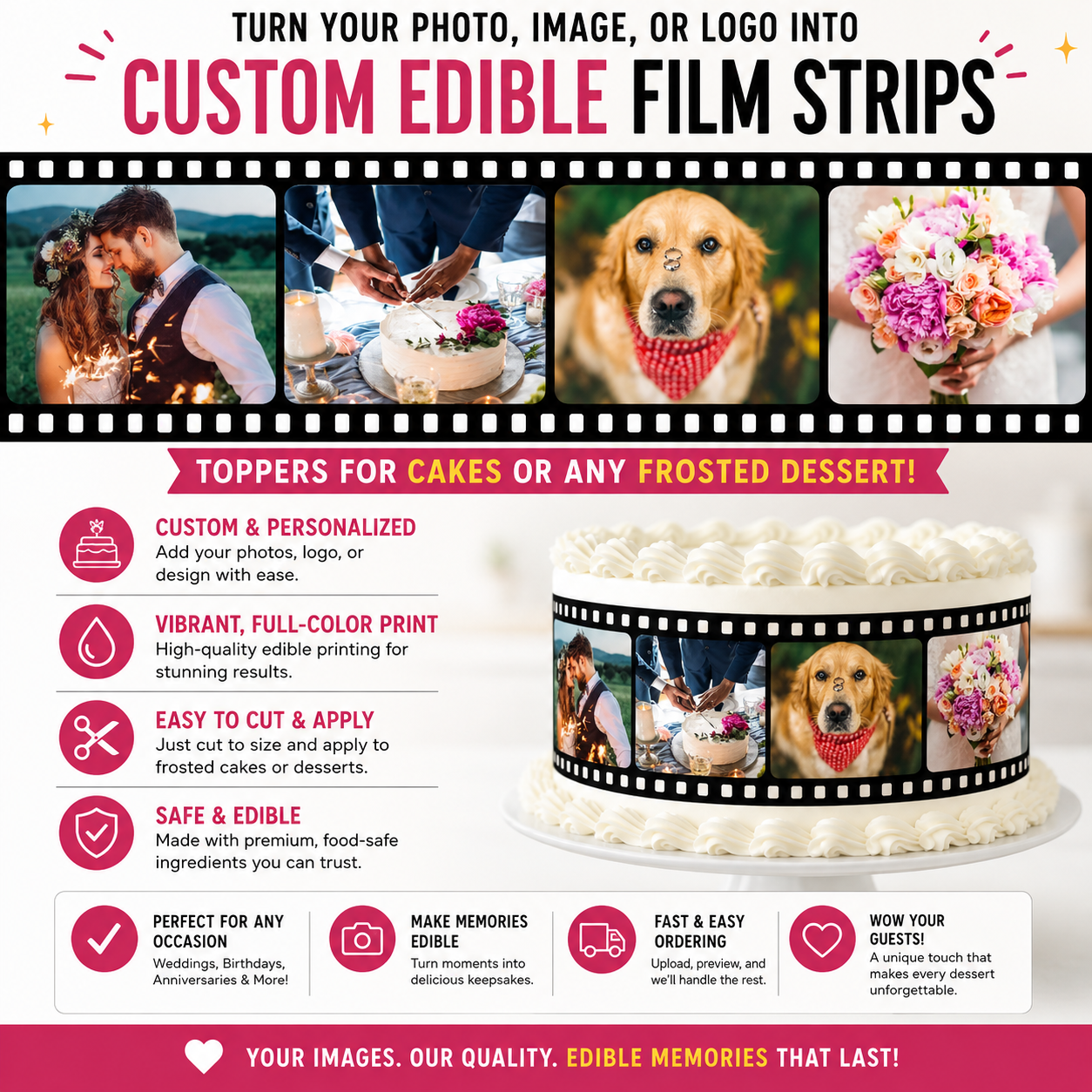 Custom Printed Edible Film Reel Cake Strips – Personalized Photo Cake Wrap Edible Image Topper for Birthday Cakes