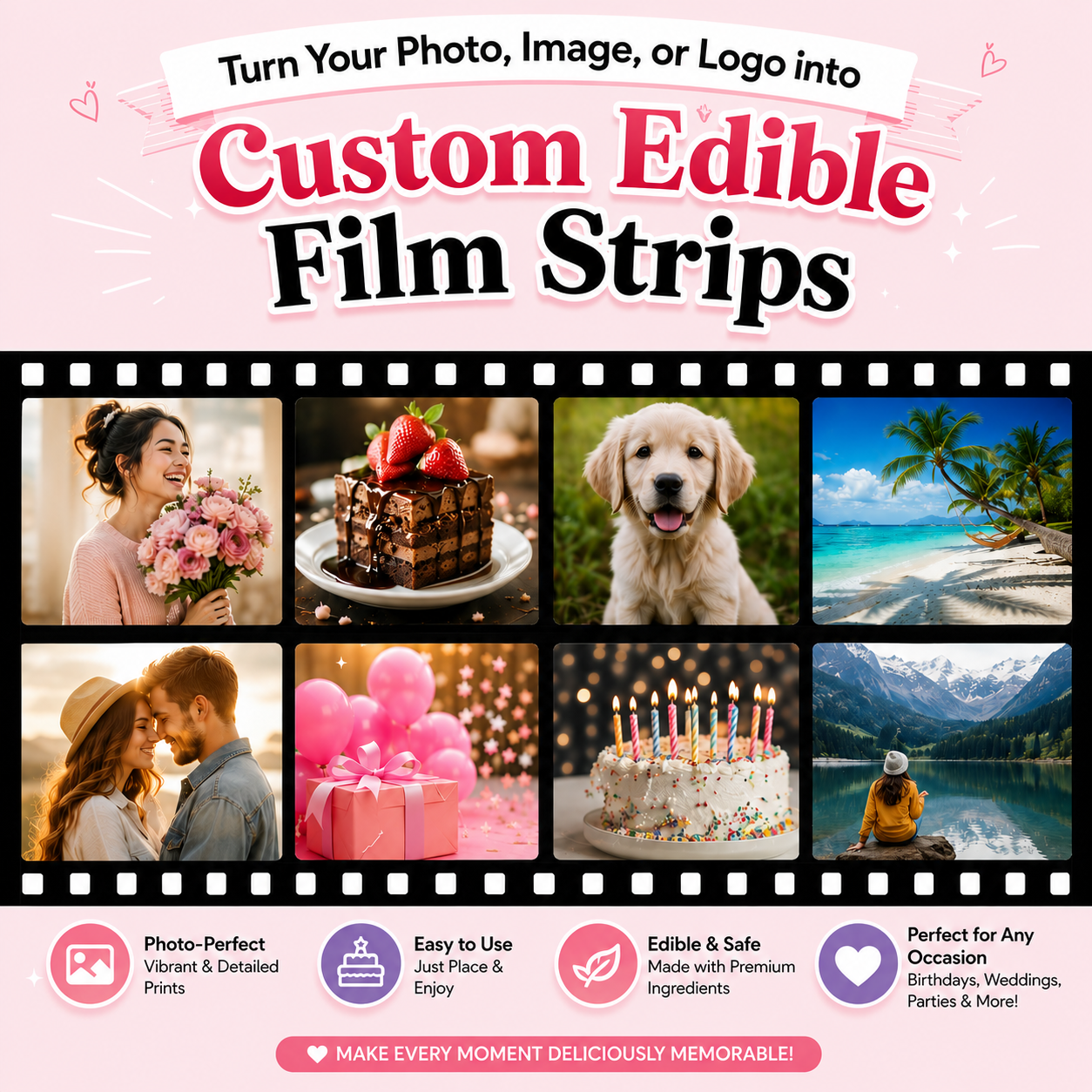 Custom Printed Edible Film Reel Cake Strips – Personalized Photo Cake Wrap Edible Image Topper for Birthday Cakes