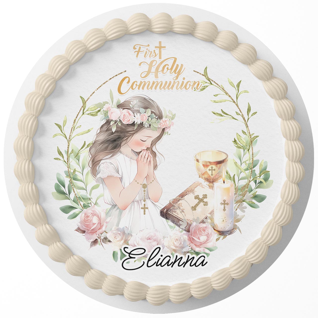 First Holy Communion Girl GCR Round – Icing Sheet Birthday - Personalized Edible Cake Topper | Custom Icing Sheet | Birthday Cake Decoration