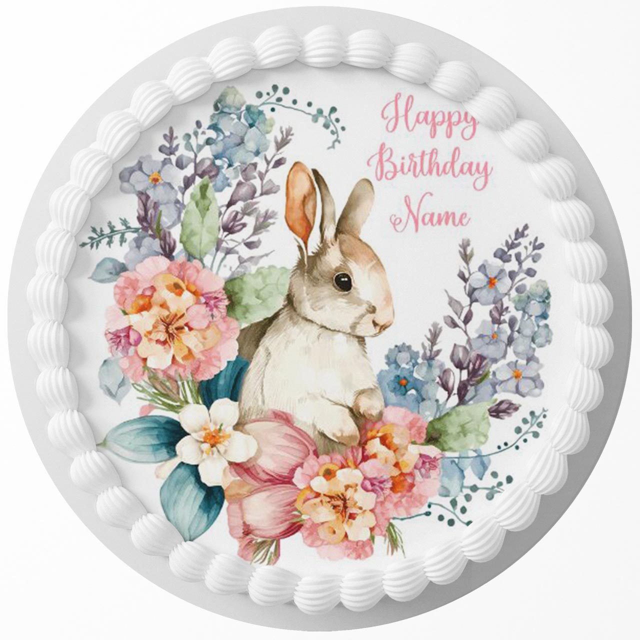 Floral Baby Bunny Rabbit Round – Icing Sheet Birthday - Personalized Edible Cake Topper | Custom Icing Sheet | Birthday Cake Decoration