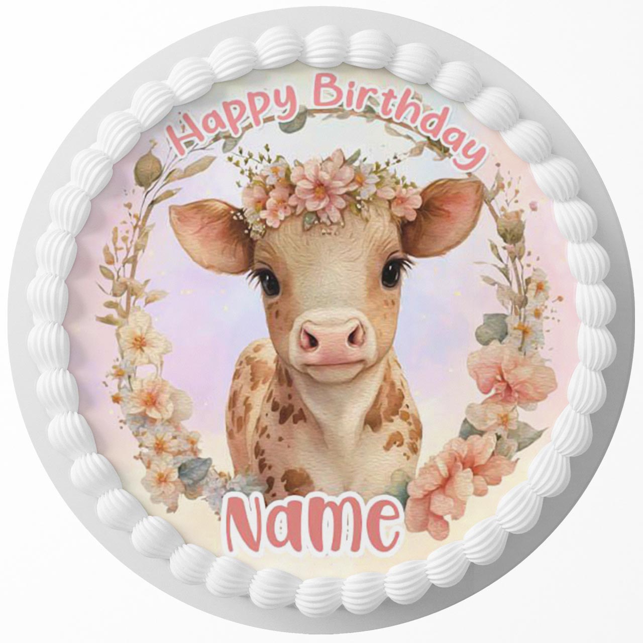 Floral Baby Cow Round – Icing Sheet Birthday - Personalized Edible Cake Topper | Custom Icing Sheet | Birthday Cake Decoration | Photo Cake Image