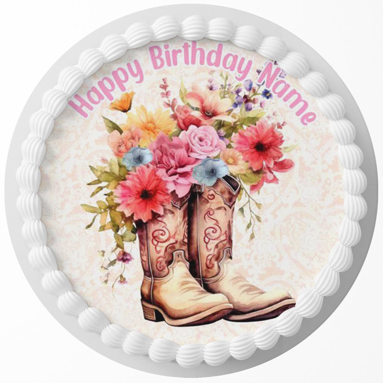 Floral Cowboy Cowgirl Boots Round – Icing Sheet Birthday - Personalized Edible Cake Topper | Custom Icing Sheet | Birthday Cake Decoration