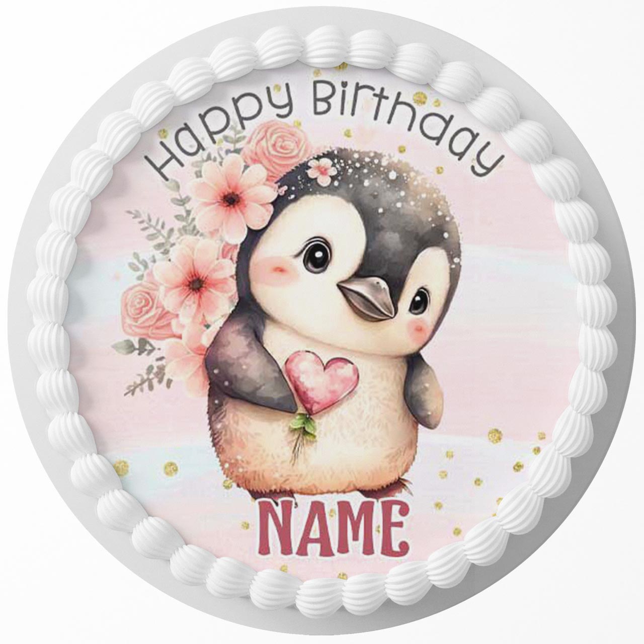 Floral Penguin Round – Icing Sheet Birthday - Personalized Edible Cake Topper | Custom Icing Sheet | Birthday Cake Decoration | Photo Cake Image