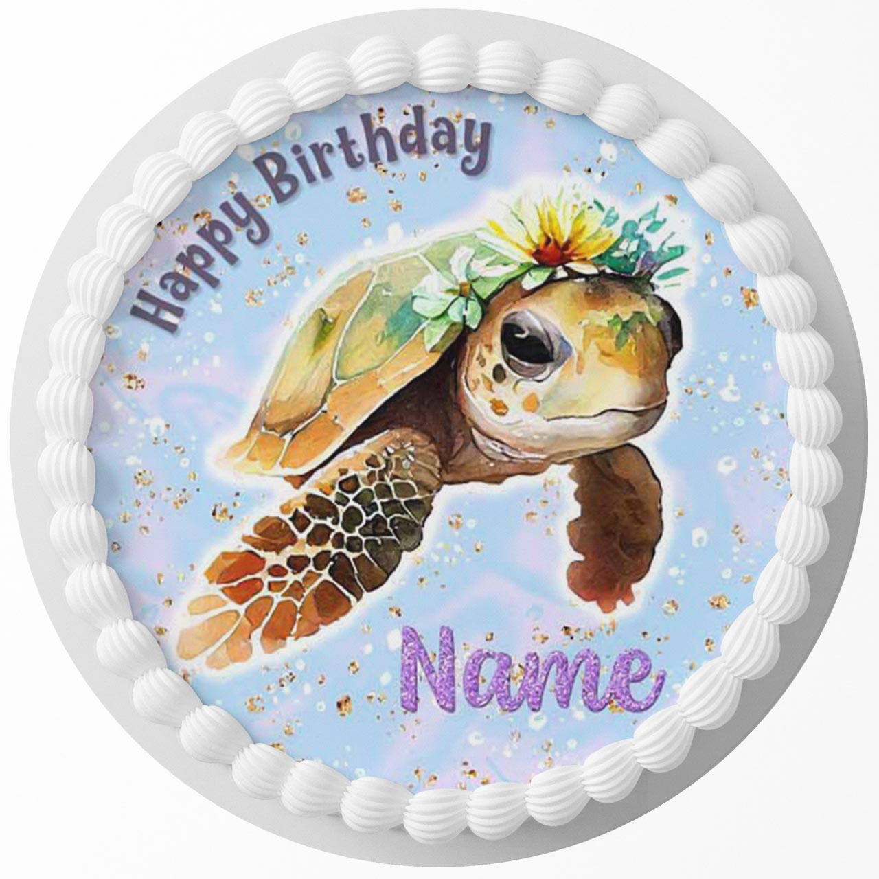 Floral Sea Turtle Round – Icing Sheet Birthday - Personalized Edible Cake Topper | Custom Icing Sheet | Birthday Cake Decoration | Photo Cake Image