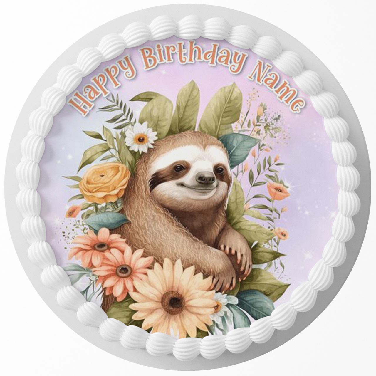 Floral Sloth Round – Icing Sheet Birthday - Personalized Edible Cake Topper | Custom Icing Sheet | Birthday Cake Decoration | Photo Cake Image
