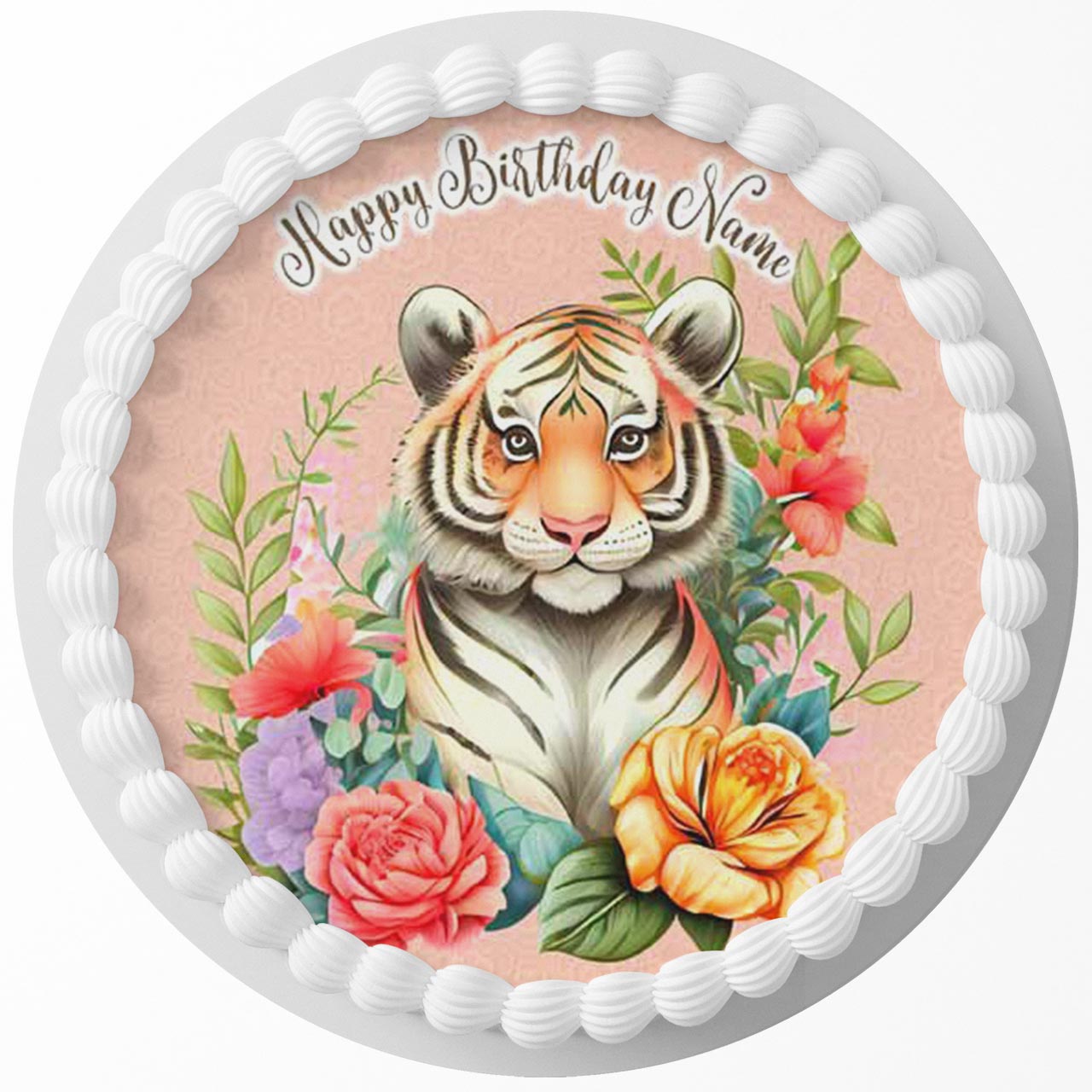 Floral Tiger Cute Round – Icing Sheet Birthday - Personalized Edible Cake Topper | Custom Icing Sheet | Birthday Cake Decoration | Photo Cake Image