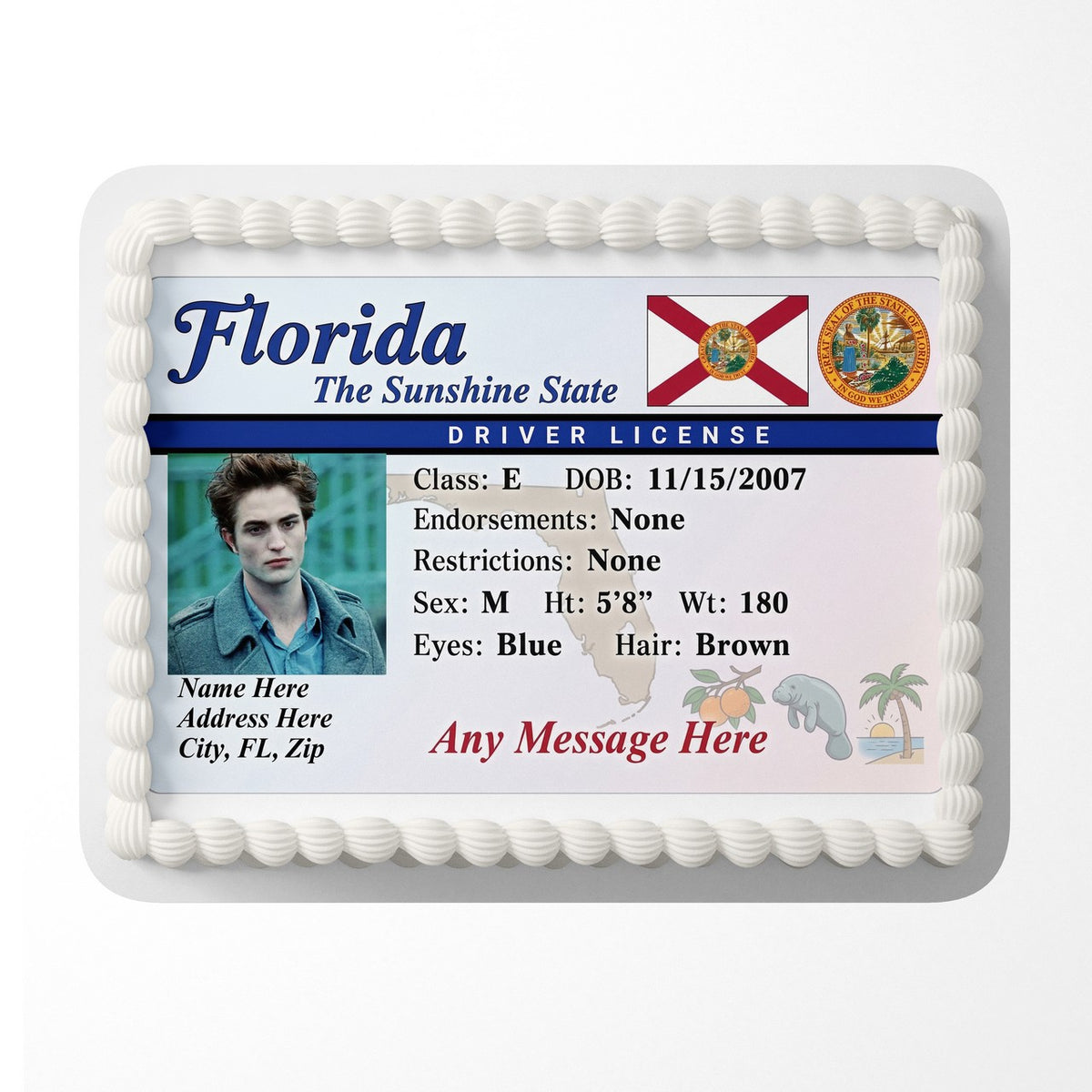 Florida Driver License Edible Cake Topper – Custom Photo Birthday Icing Sheet