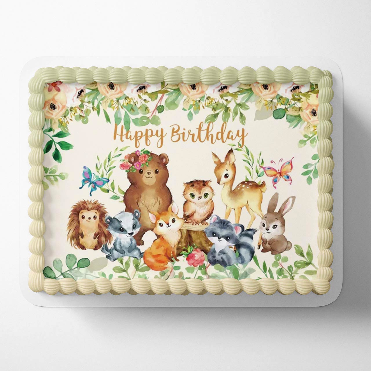 Forest Animal Gold Eucalyptus Green Leaves Floral FAD Edible Cake Topper