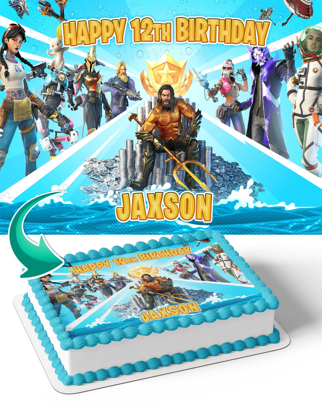 Fornite Battle Royale Gamers Kids Aquaman Edible Cake Topper