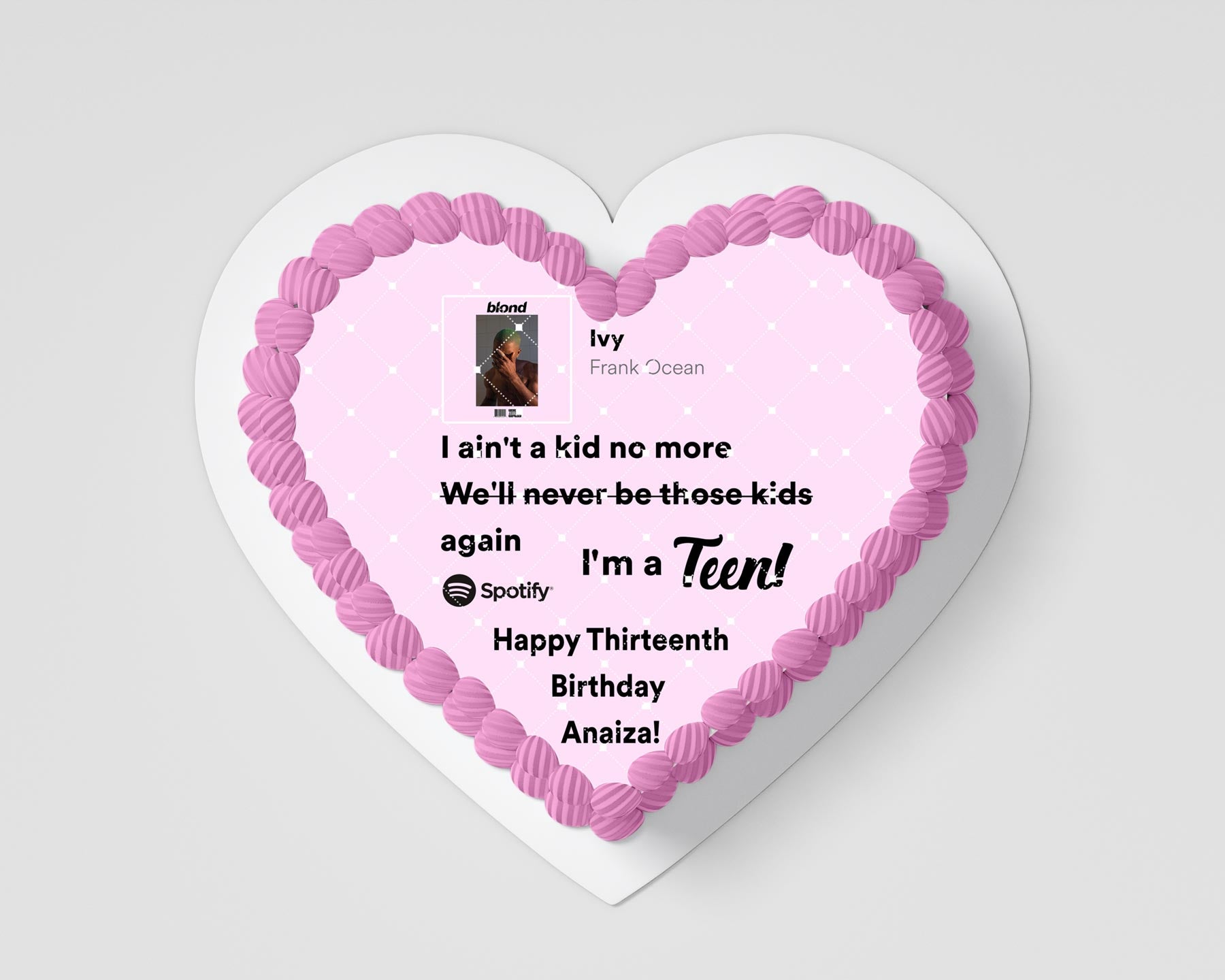 Frank Ivy Thirteenth Kid No More Teen Pink Heart Shaped – Frostin - Personalized Edible Cake Topper | Custom Icing Sheet | Birthday Cake Decoration