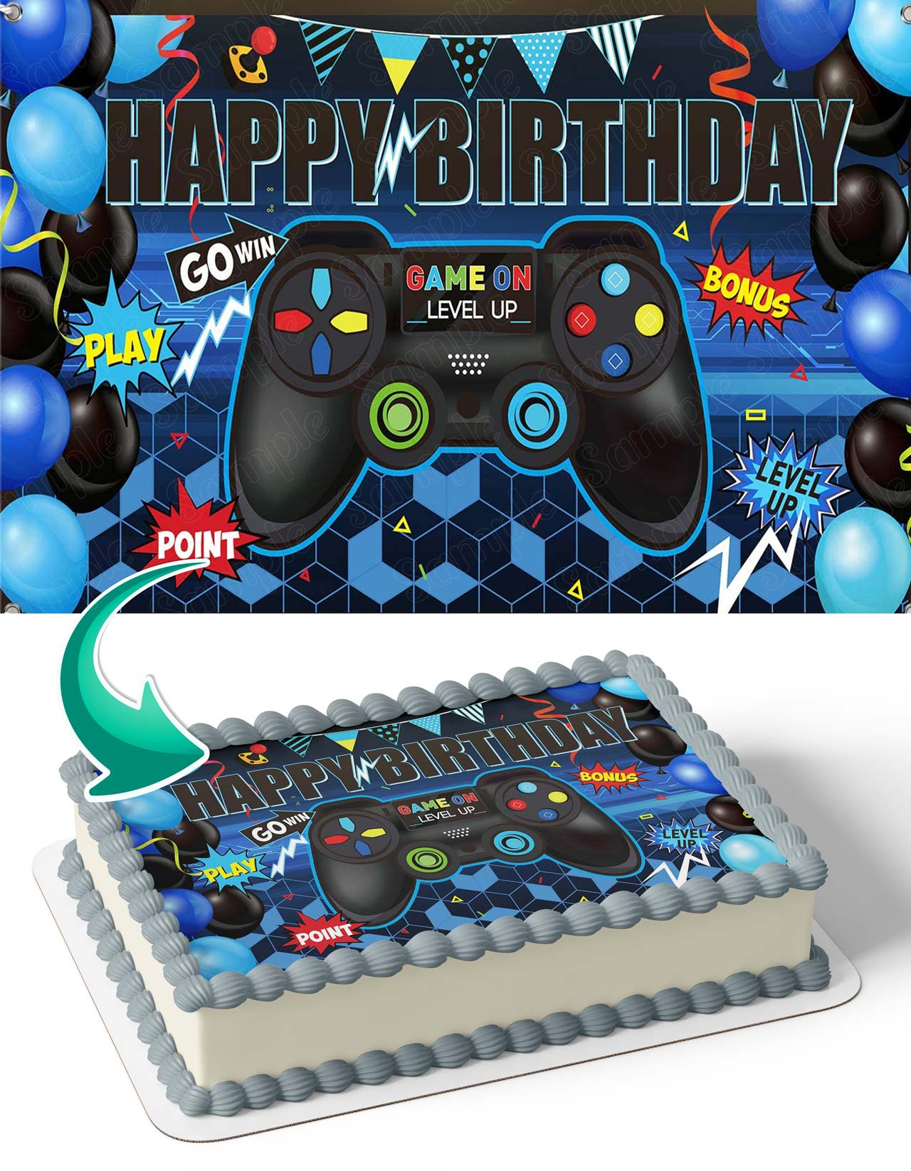 Game One Level UP Gamer HG Blue Edible Cake Topper