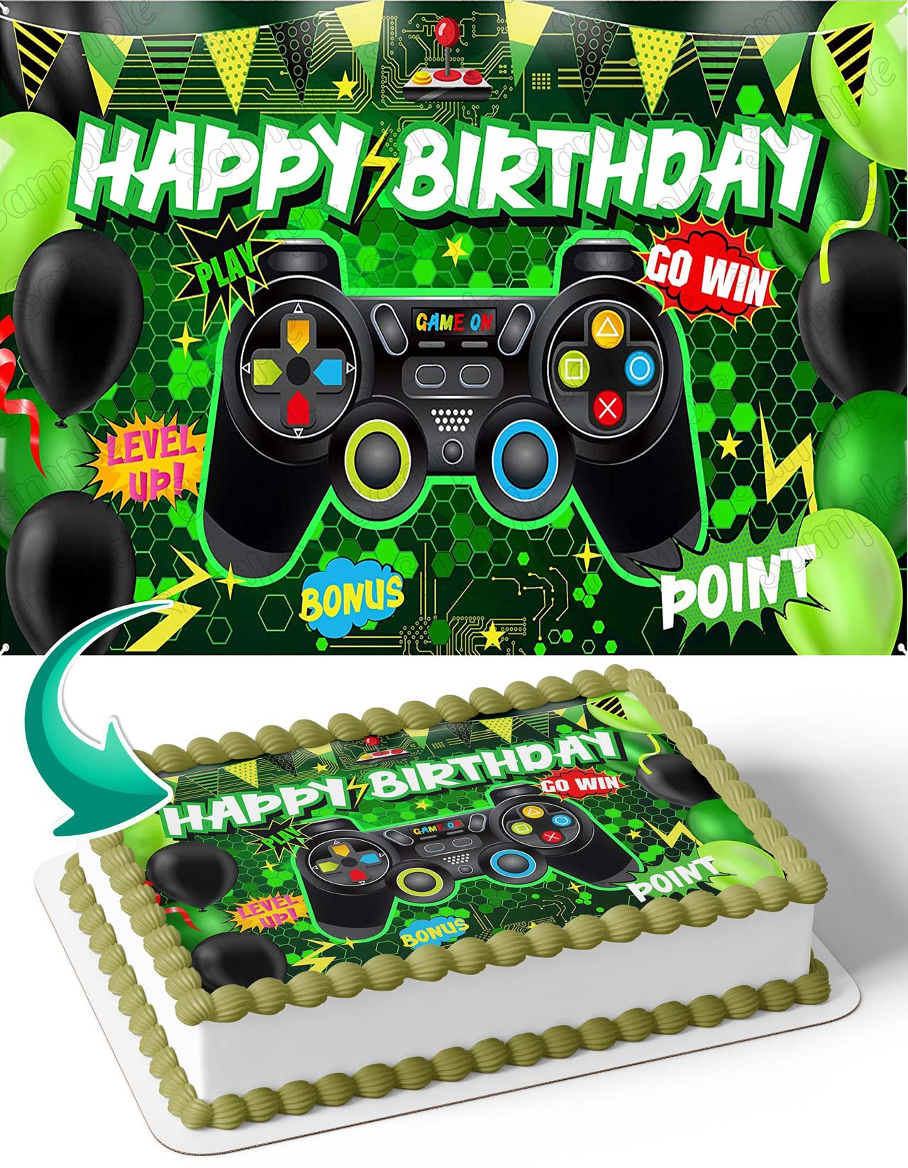 GameOn Gamer Gaming Level Up Controller Level Unlocked Green Edible Cake Topper