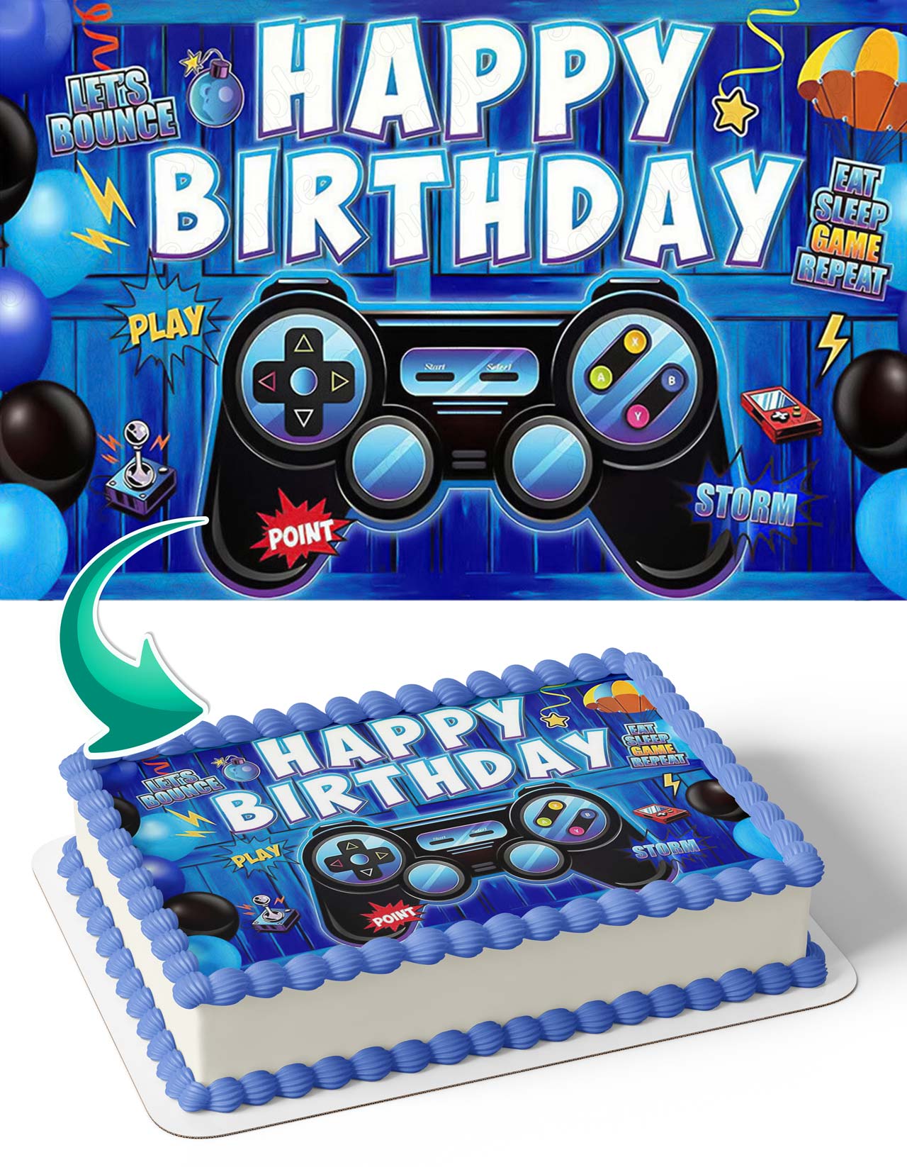 Gamer Console Gaming LeveL Up Controller Blue Edible Cake Topper